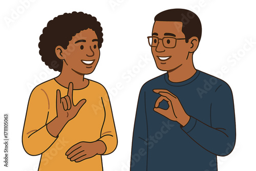 A joyful mixed-race deaf couple communicating through sign language