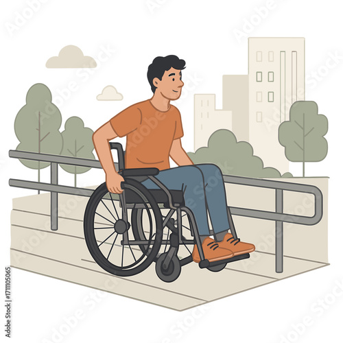 A person with a physical disability navigates a manual wheelchair up the access ramp, exemplifying mobility within an accessible and inclusive city concept