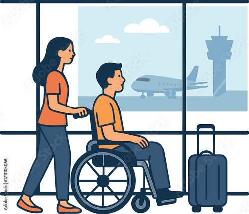 A man who uses a wheelchair, accompanied by his female personal assistant, stands at the airport gazing through the large glass windows as they prepare for their trip