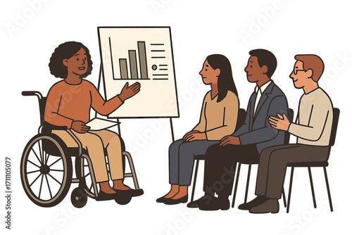 An African American woman in a wheelchair delivers a presentation to her coworkers during an office meeting, fostering teamwork and inclusion as part of the International Day of Persons with