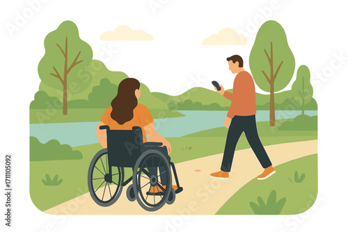 From behind, a woman in a wheelchair and her personal assistant hike together while a man walks nearby, checking his phone, in a spring park by the river