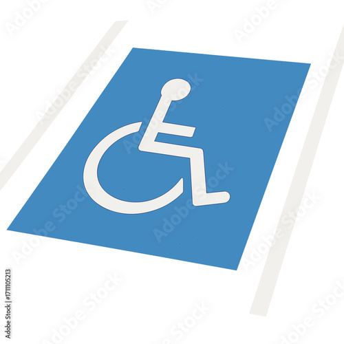 A blue handicap parking spot is indicated on the asphalt road by white lines and displays the universal accessibility symbol, encouraging mobility and inclusion for people with disabilities