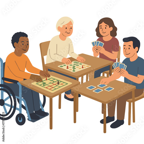 A group of people playing cards and board games at a community center, including a disabled participant