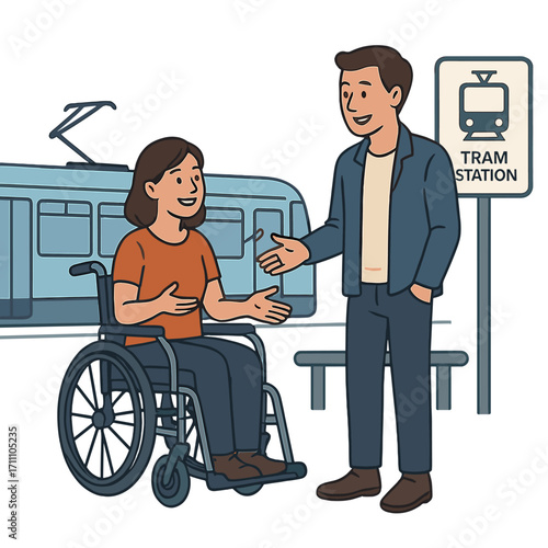 A woman with a disability, seated in a wheelchair, smiles and talks with a man at a tram stop, highlighting wheelchair and disability themes