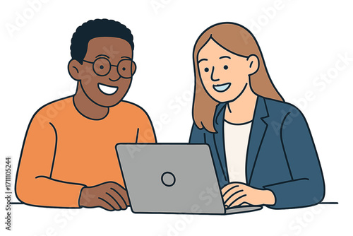 Two young, multiracial colleagues smile as they work on a laptop