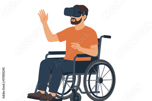 A man in a wheelchair at home uses a virtual reality headset