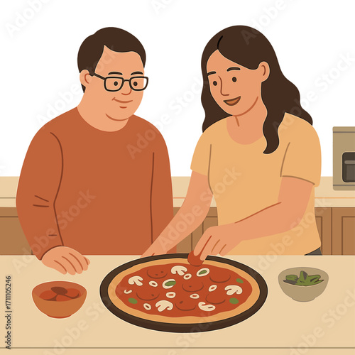 At home, a couple—a man with Down syndrome and a woman—are together putting toppings on pizza in the kitchen
