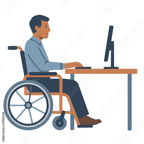 A man in a wheelchair sits at a desk before a computer, working in an office, exemplifying inclusivity