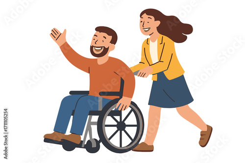 A cheerful man with a physical disability and his female assistant enjoy a wonderful time together while walking outside