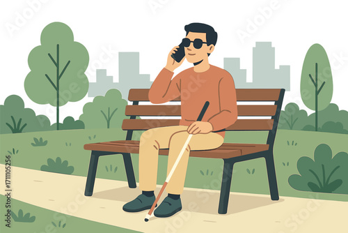 A young blind man with a smartphone sits on a city park bench, making a call