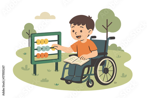 A child in a wheelchair plays and learns outdoors just like everyone else, illustrating the educational life of special children and the joy of disability
