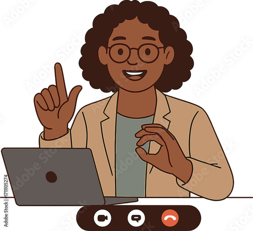 Friendly African American therapist wearing glasses speaks via video call, using sign language to communicate with a hearing‑impaired patient, gesturing at the screen