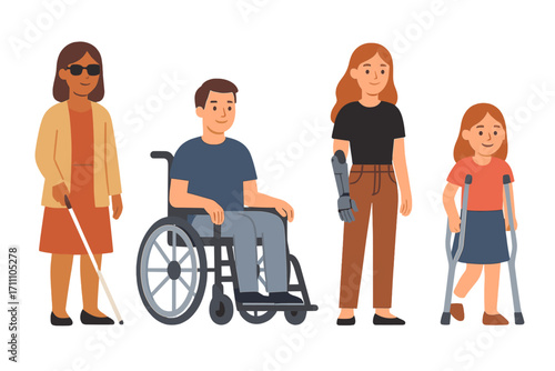 Include a blind woman with a cane, a man in a wheelchair, a woman with a robotic hand prosthesis, and a girl on crutches