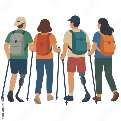 A rear view shows friends hiking in nature with Nordic walking poles; two of them have disabilities and use leg prosthetics