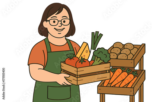 A smiling woman with Down syndrome works at a grocery store