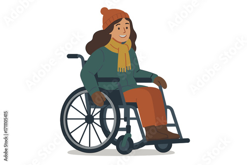 Woman with a disability, smiling, sits in a wheelchair outside on a cold day