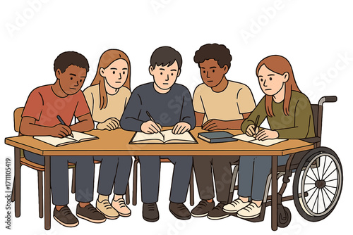 Five diverse students, including a girl with a disability, sit at a desk in a classroom, studying, doing exercises, preparing a joint assignment, and working on a project together, looking serious