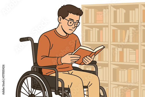 A determined young man with a disability reads a book in a bookstore, while an eager student in a wheelchair and glasses holds a textbook in a modern library, highlighting accessibility education