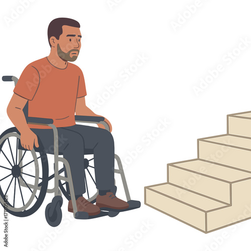 A wheelchair-bound man halted before a staircase to highlight architectural barriers and accessibility challenges, captured in high quality