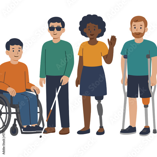 A flat‑style vector cartoon illustration featuring a diverse group of disabled individuals—including a wheelchair user, a blind person, and people with prosthetic limbs and canes—celebrates World