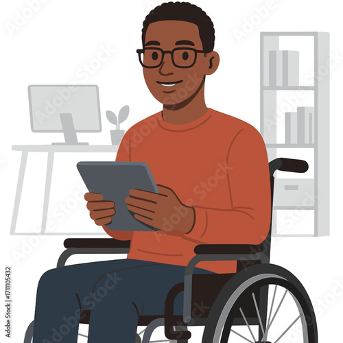 A medium-length portrait of a young African American individual with a disability, holding a digital tablet while working in a modern office and looking at the camera