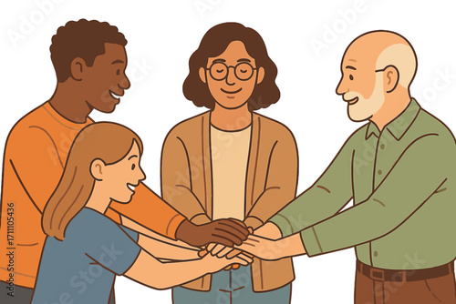 A group of people interlocking hands in a community center, symbolizing inclusivity and unity