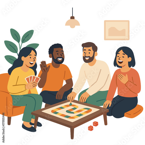 A warm room hosts a group of people playing a game, emphasizing inclusivity and connection, while the relaxed, inviting atmosphere displays friendship and laughter