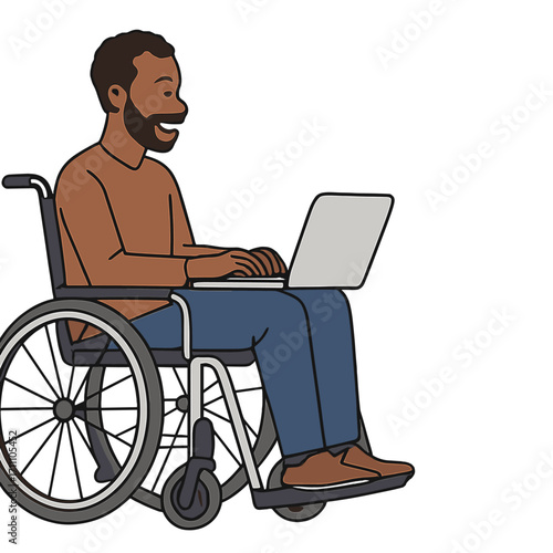 A cheerful African American man in a wheelchair uses his laptop to work online from home, juggling business or studying on the web