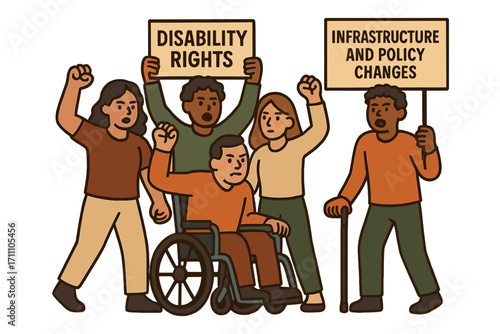 A demonstration calling for disability rights, urging changes to infrastructure and policy to promote inclusivity