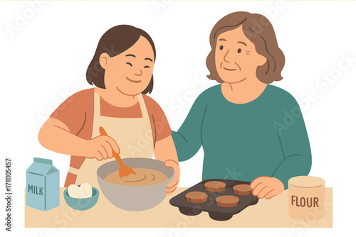 A woman with Down syndrome and her mother bake homemade cupcakes