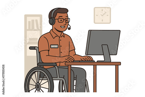 A male technical support agent who has a physical disability works in an office