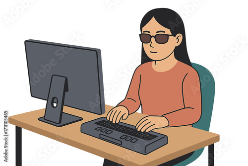 An Asian woman who is blind uses a computer equipped with a refreshable braille display or braille terminal, an assistive technology device for visually impaired individuals in the workplace