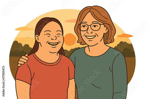 A portrait of an adult woman with trisomy 21 smiling outdoors at sunset with a family friend
