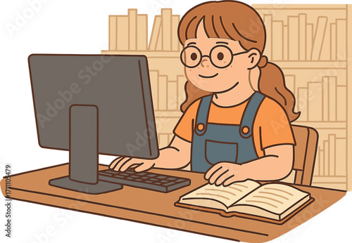 A young girl with Down syndrome uses a computer at the library, illustrating an educational concept for disabled children