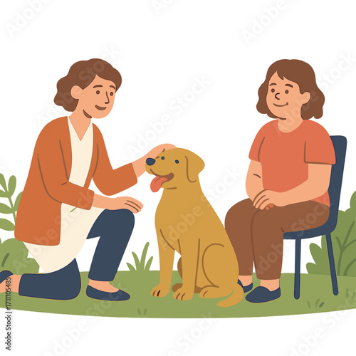 Im Garten findet Alternativetherapie mit einem Hund, einer geistig behinderten Frau und einer Therapeutin statt