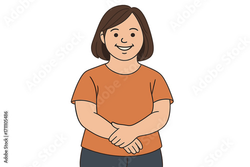 A woman with Down syndrome smiles confidently while standing on the street