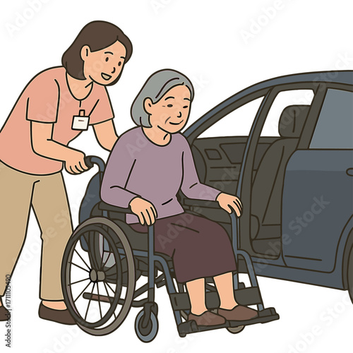 A caregiver assists an Asian elderly disabled woman in using a wheelchair to get into a car