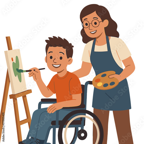 A smiling boy with a disability is enjoying an art class in a studio while a mentor assists him