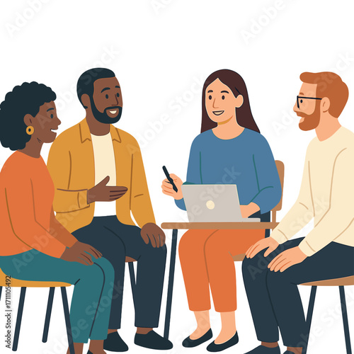 A mix of male and female coworkers engaged in conversation during a relaxed office gathering