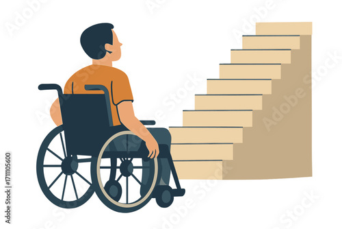 A disabled individual in a wheelchair stands before a staircase, gazing upward, captured in a  image