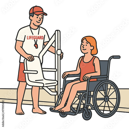 A lifeguard at Sea Hotel helps a disabled woman use the resort’s accessible services, including a pool chair lift and wheelchair