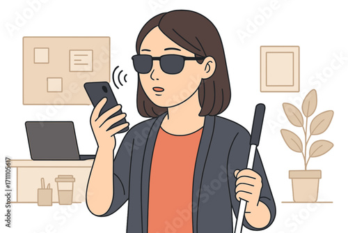 A portrait of a young Asian woman who is blind, using a smartphone with voice accessibility in a creative workplace