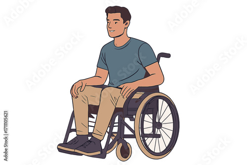 A handsome young model, a man who cannot walk due to a spinal injury, sits in a wheelchair against a white studio backdrop
