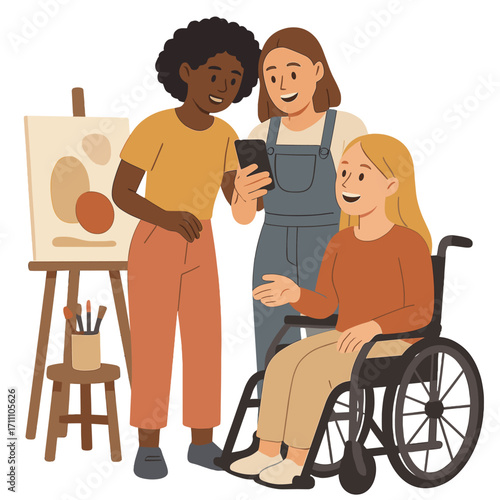 Three young adult women, two Black and one Caucasian, gather in an art studio, smiling while using a smartphone, and one of them, who is in a wheelchair, participates in the conversation