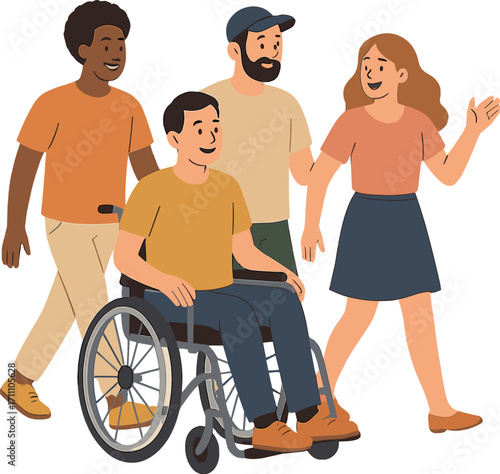 A group of friends, including a disabled man, strolls along the city streets on a summer day, enjoying each other's company and celebrating inclusion and diversity as a normal part of society