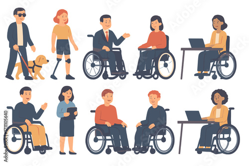 A flat, cartoon-colored vector illustration depicting a large group of disabled individuals at work, including a blind man with a dog, a girl with prosthetics, and wheelchair users