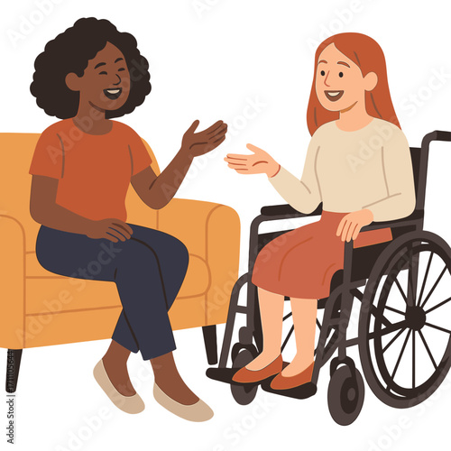 A young Black woman sits on a sofa, laughing with a young Caucasian woman in a wheelchair, both smiling and gesturing as they enjoy a friendly indoor conversation