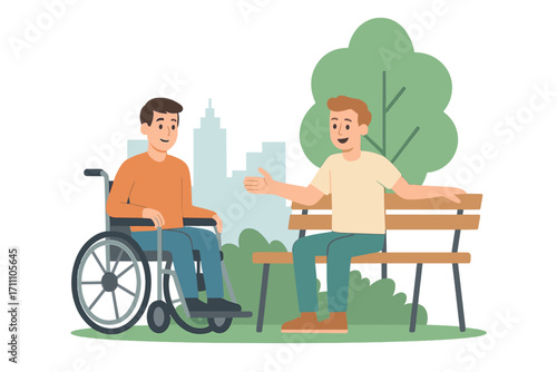 A young disabled man in a wheelchair sits on a bench in a city park with a friend