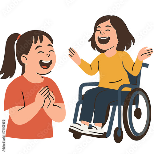 A girl with special needs laughs loudly as she watches her friend roll by