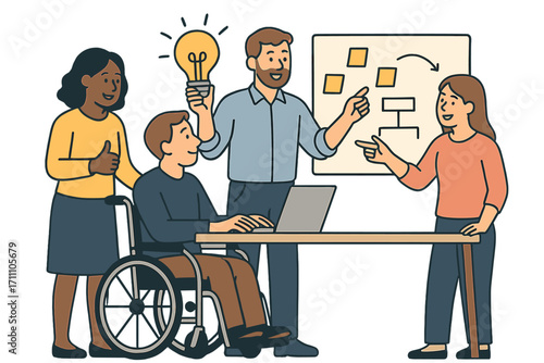 Office workers brainstorm in the workplace, demonstrating resilience to a colleague with a disability